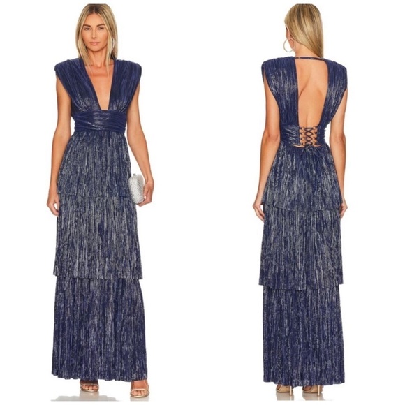 Sabina Musayev Judith Open Back Tiered Maxi Dress Gown Blue Large Formal Party - Picture 1 of 10